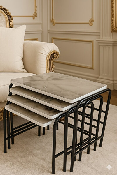 HOMEBELLA Milano 3d Parlak Sunta Metal Statik Siyah Ayaklı 4'lü Zigon Sehpa Ü...