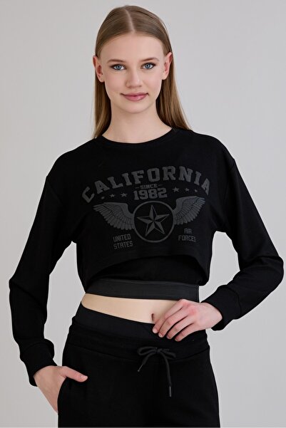 Sortie Women's Elastic Waist California Printed Black Crop Sweatshirt