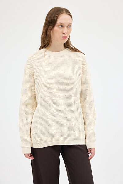 Rays 7045 Pulover cu mâneci tricotate cu detalii în piatră Natural