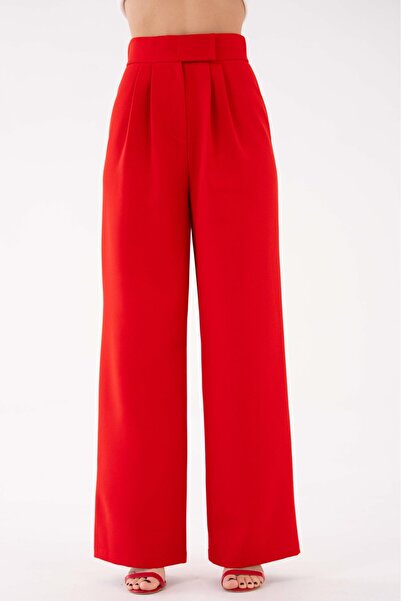 Saade Red High Waist Velcro Closure Double Pleated Woven Palazzo Pants Red 40