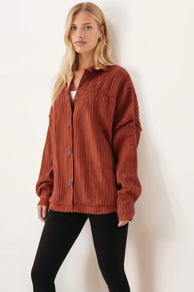 armonika Women's Brick Quilted Lined Velvet Jacket with Pockets ARM-24K001062