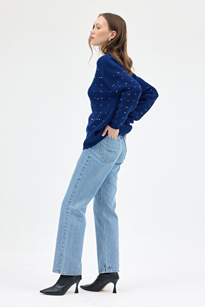 Rays 7045 Sleeve Knit Detail Stone Embellished Sweater Navy Blue