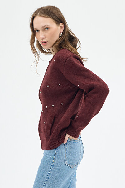 Rays Cardigan tricotat cu pietre aplicate pentru femei, cu fermoar, roșu clar...