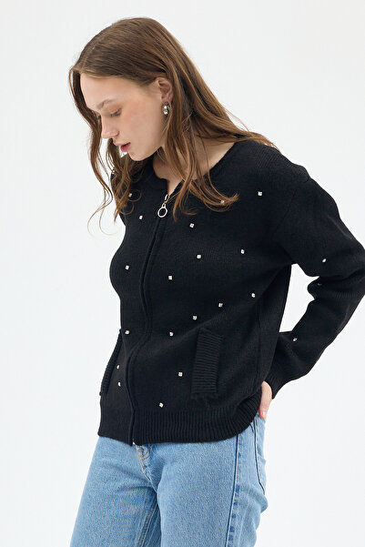 Rays Cardigan tricotat cu pietre aplicate cu fermoar pentru femei negre 6405