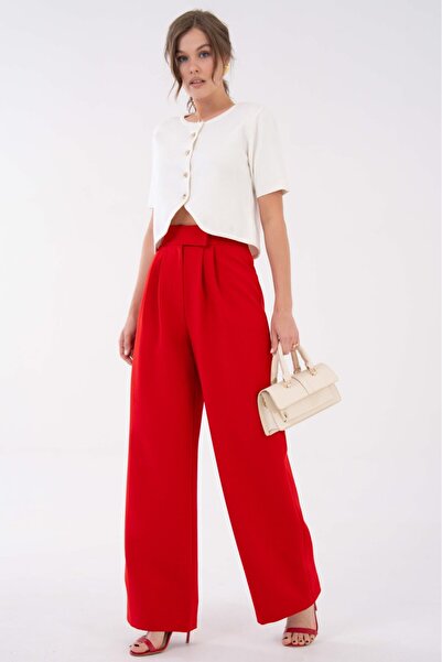 Saade Red High Waist Velcro Closure Double Pleated Woven Palazzo Pants Red 40