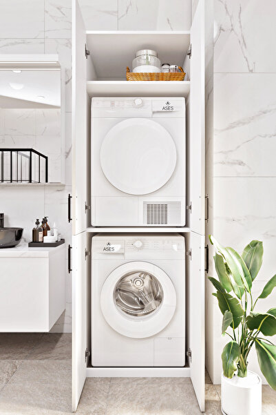 ASES Mobilya Esl0212 Çamaşır Makinası ve Kurutma Makinası Banyo Dolabı Beyaz