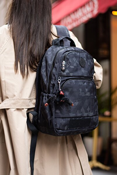 Sanmorris Unisex Waterproof Fabric Black Patterned 3-Compartment School Travel Backpack with Laptop Compartment