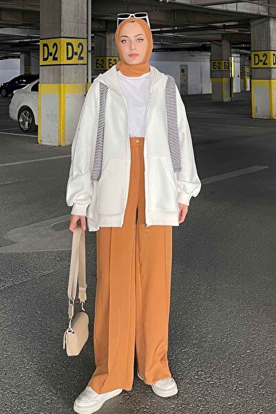 lamelif Λευκό απλό φούτερ - Με φερμουάρ μπροστά