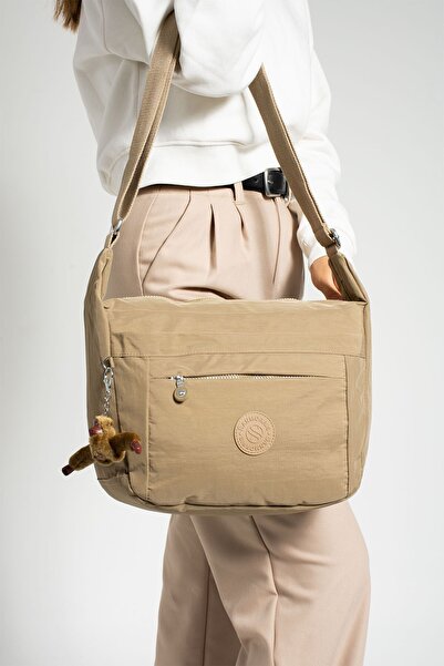 Sanmorris Women's Water Resistant Fabric Multi-Pocket Crossbody Beige School Travel and Shoulder Bag