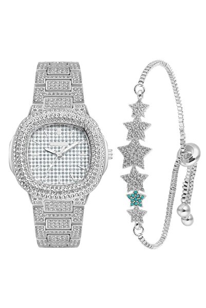 Forentina Taşlı Gri Metal Kol Saati-yıldızlı Bileklik Kombin Set Ps3758