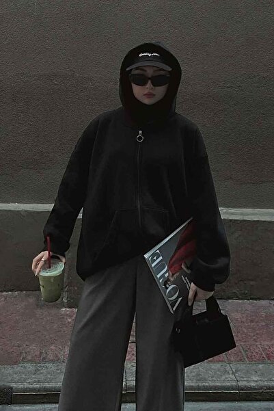 lamelif Ön Fermuarlı Düz Sweatshirt Siyah