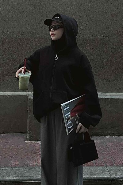 lamelif Ön Fermuarlı Düz Sweatshirt Siyah