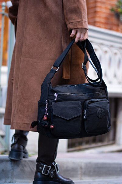 Sanmorris Women's Waterproof Parachute Fabric Multi-Compartment Adjustable Black Cross Strap Shoulder Bag