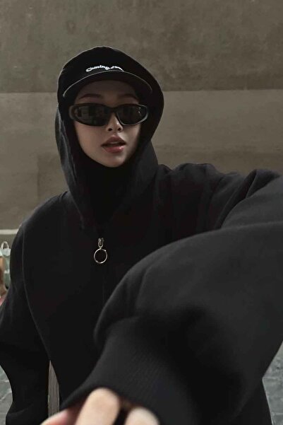 lamelif Ön Fermuarlı Düz Sweatshirt Siyah