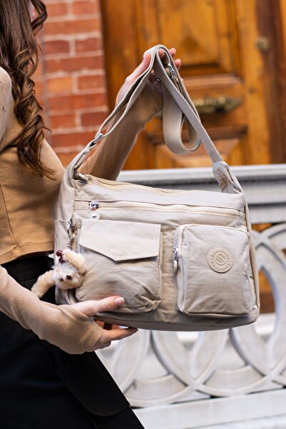 Sanmorris Women's Waterproof Parachute Fabric Multi-Compartment Adjustable Beige Cross Strap Shoulder Bag