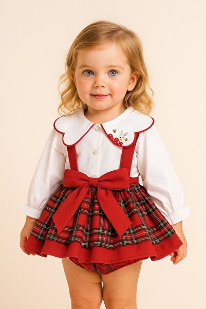 PARK BEBE Baby Girl Rabbit Embroidered Shirt Romper Set Red Plaid Christmas Concept