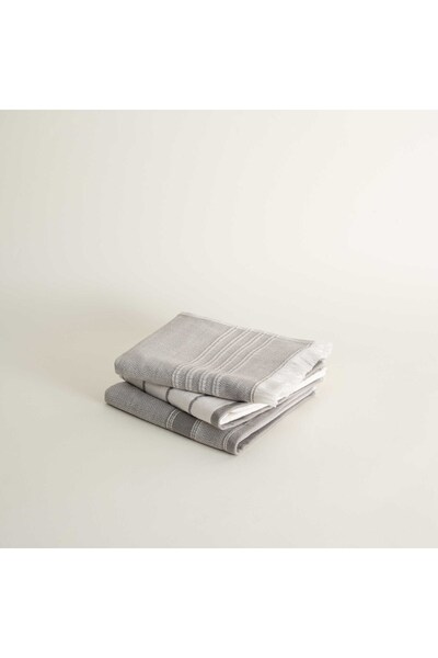 Ecocotton Elis 3-Piece Drying Towel 100% Organic Cotton Yarn Dyed Special Weaving Gray-Cream 40X60 cm