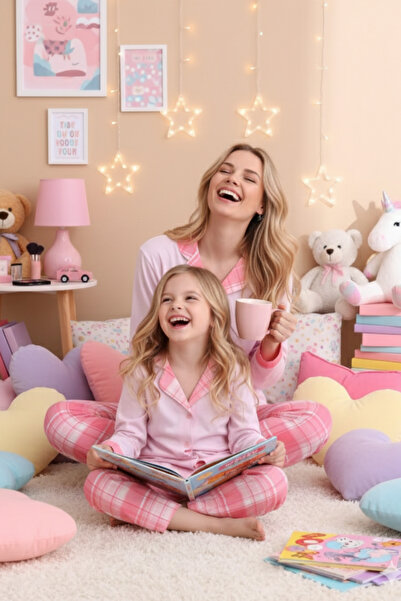 ELİTOL Toz Pembe Ekose Desen Pamuklu Örme Uzun Kol Çocuk Düğmeli Pijama Takımı