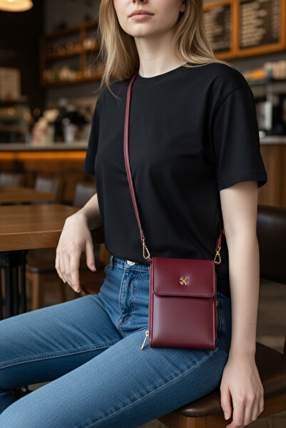 Universal Bordo Eşsiz Pazar Kadın Çapraz Askılı Telefon 3 Bölmeli Cüzdan Çanta