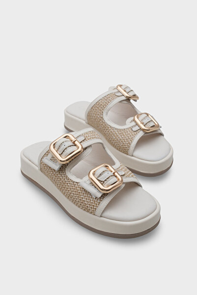 Capone Outfitters Γυναικείες παντόφλες από γνήσιο δέρμα Dana με σφήνα τακούνι και ψάθινη άνεση