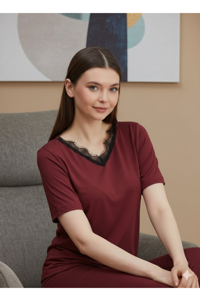 ÇAĞ MODA Σετ Πιτζάμες Πλεκτό Βισκόζη Δαντέλα κοντομάνικο Γυναικείο μπορντό