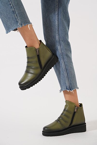 Moda Pie Vande Ön Pileli Fermuarlı Kadın Hakiki Deri Bot Haki Cilt