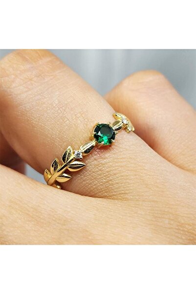 FasekGold Gümüş Yüzük - Başak Tasarım Yeşim Taşı (Zümrüt Yeşili) Taşlı Tek Taş Fantezi 925 Ayar Gümüş Yüzük