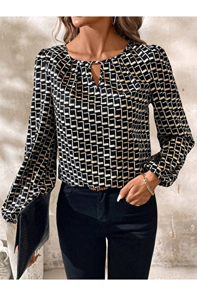 ARONA Women's Long Sleeve Drop Detail Collar Patterned Single Jersey Blouse