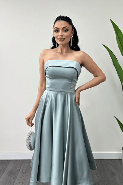 giyimmasalı Saten Kumaş Sırt İp Detaylı Midi Elbise - MİNT YEŞİLİ