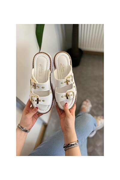 asmi shoes Жіночі білі капсульні тапочки з подвійною стрічкою, товстою підошвою та ортопедичною підкладкою