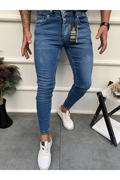 ENERJİN Erkek Jeans Slim Fit Likralı Düz Trnak Mavi