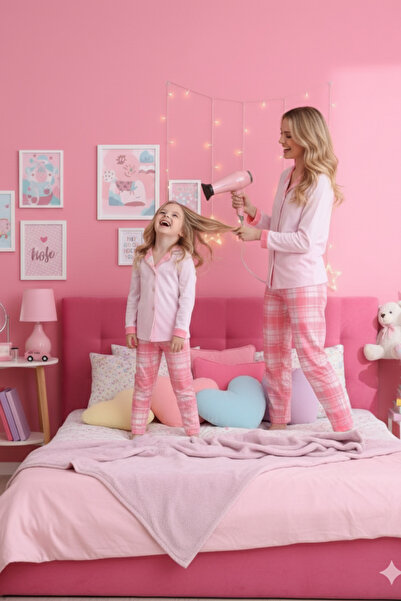 ELİTOL Toz Pembe Ekose Desen Pamuklu Örme Uzun Kol Çocuk Düğmeli Pijama Takımı