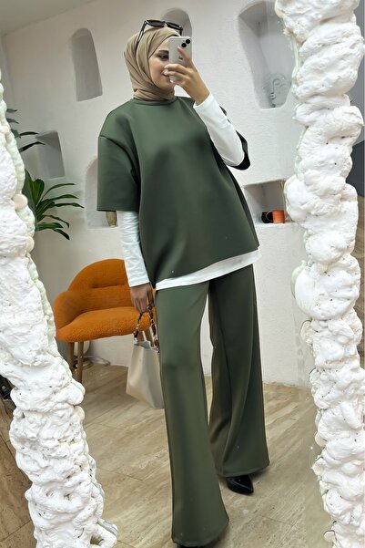 onlymoon Women's 3-Piece Set ♦ Scuba Fabric ♦ Khaki Green ♦ High Waist ♦ Wide Leg Pants ♦ Casual Stylish Outfit