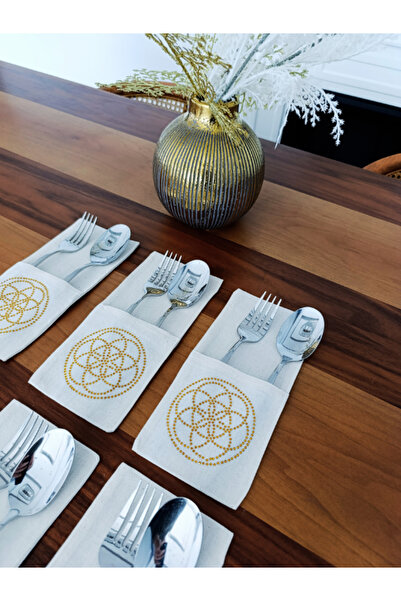 Menar Tasarım Θήκη για μαχαιροπίρουνα με χρυσό κέντημα 6 τεμαχίων Λουλούδι τη...