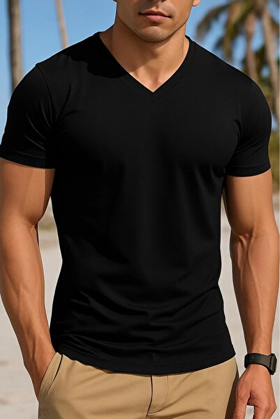 ESSE BUTİK تي شيرت رجالي من الفيسكوز بأكمام قصيرة ورقبة على شكل حرف V
