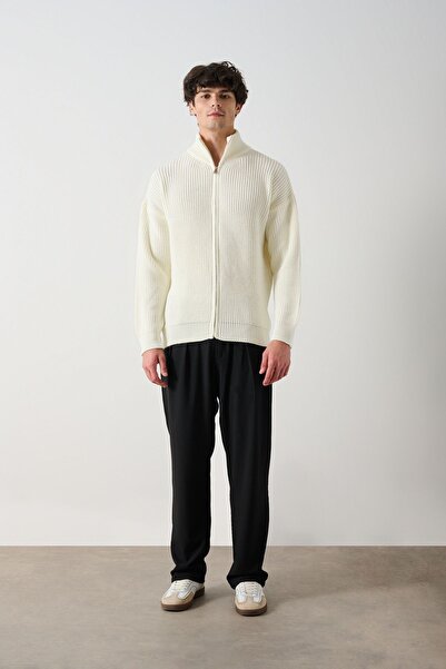 İLKCET MODA Fermuarlı Ekru Premium Selanik Örgü Oversize Unisex Hırka