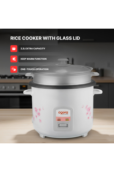 Ogera Rice Cooker With Glass Lid 2.2L | Non-Stick Pot, Cook & Keep Warm Functions,