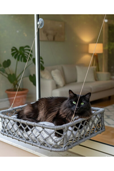 Reyo El Örgüsü Kedi ve Köpek Vantuzlu Cam Yatağı, Kedi Hamağı Puf Minderli Gri
