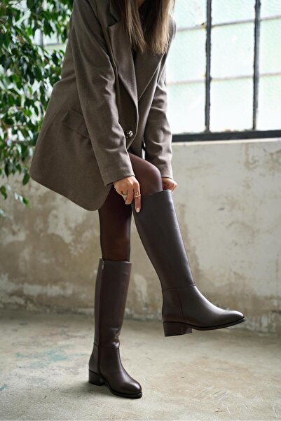 kalyoncu moda Vanessa Kahve Renkli Gerçek Deri Diz Altı Kadın Çizme