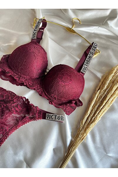 NİVENE Stone DeTailed Lace Push Up Black Bra and String - Padded Padded Underwear Set