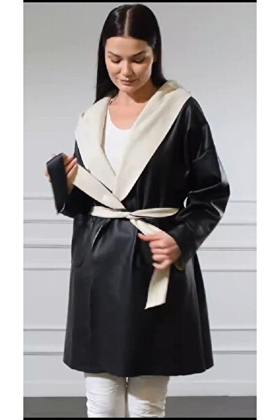 Silvia İtalyan Büyük Beden Deri Görünümlü Trençkot
