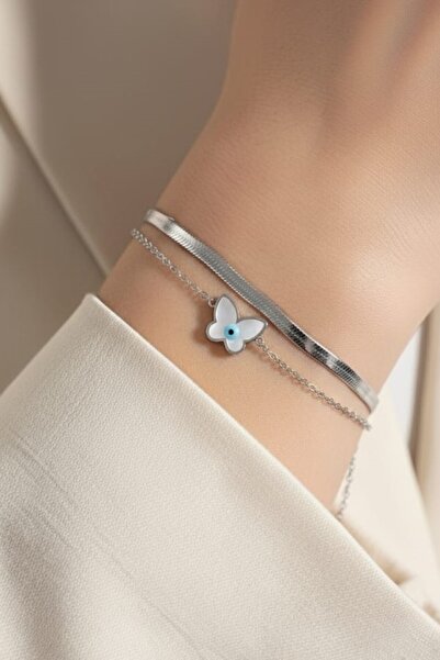 LA PERRY ACCESSORIES سوار من الفولاذ الفضي على شكل فراشة مكون من قطعتين