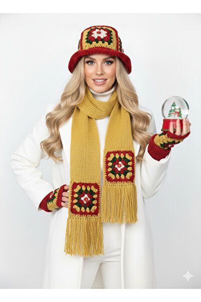 drt tasarım New Year's Scarf Beanie Gloves Set Gold Red Green White