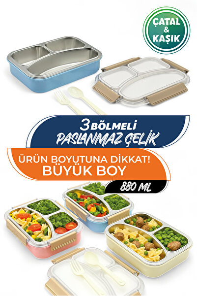 M&L LUNCH BOX 3 Bölmeli 880 ML Paslanmaz Çelik Beslenme Kutusu - Termal Sakla...