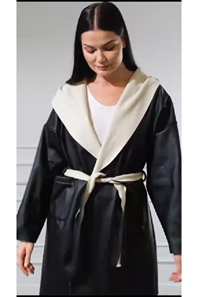 Silvia İtalyan Büyük Beden Deri Görünümlü Trençkot