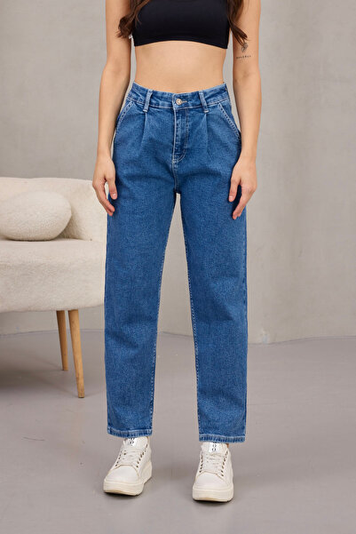 alanora Women's High Waist Stretch Fabric Pleated Mom Jeans