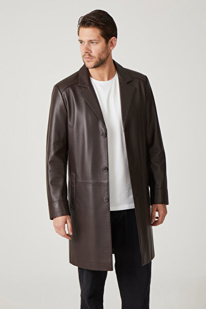 Deriderim Kahve Tarkan Düğmeli Astarlı Trençkot Erkek Hakiki Deri Kaban