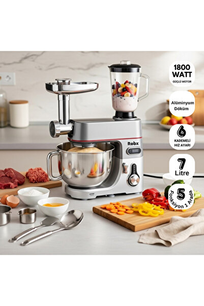 ROBX Sr50 Döküm Gövde 7 Litre Içli Köfte Hamur Yoğurma Makinesi Kıyma Çekme Erişte Blender mixer Set