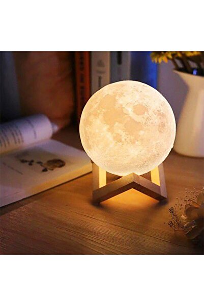 Genel Markalar AsonPlus 3D Moon Light Dekoratif Küre Gece Lambası Ahşap Standlı-Pilli-Orta Boy-Bandana Hediyeli