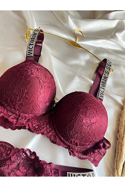 NİVENE Stone DeTailed Lace Push Up Black Bra and String - Padded Padded Underwear Set